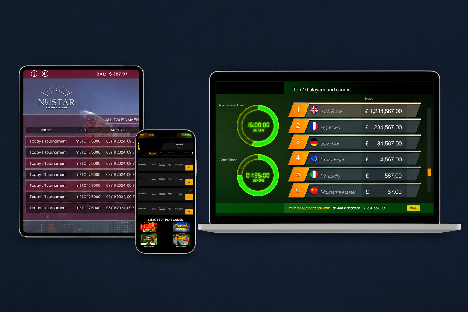 Concept Gaming tournament lobby, mobile access and live leaderboard views